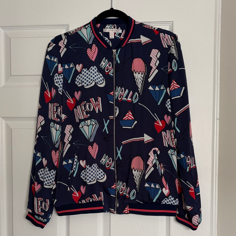 Zara Navy Graphic Print Bomber Jacket